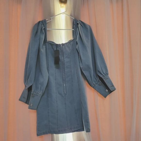NWT Nicole Lynel Denim Puff Sleeve/Shoulder Mini Bodycon Dress, Size Medium. - Picture 3 of 7